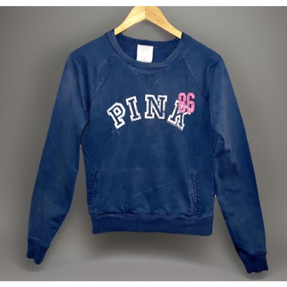 VTG Victoria’s Secret PINK Sweatshirt Distressed Pocket VS Love 86 Dark Blue S